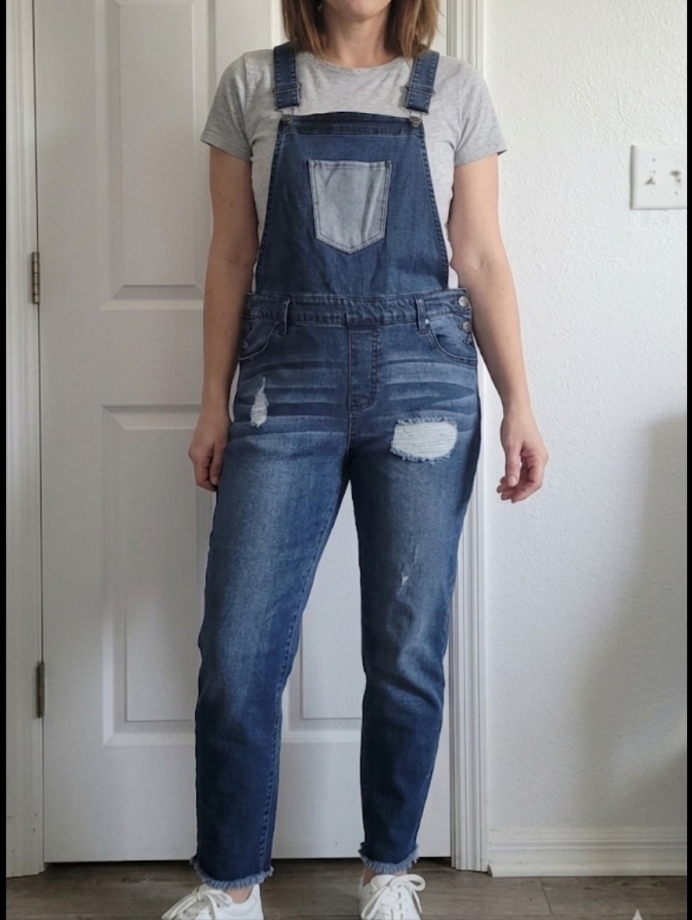 Celebrity Pink Distressed Dark Blue Denim Overalls (GB)
